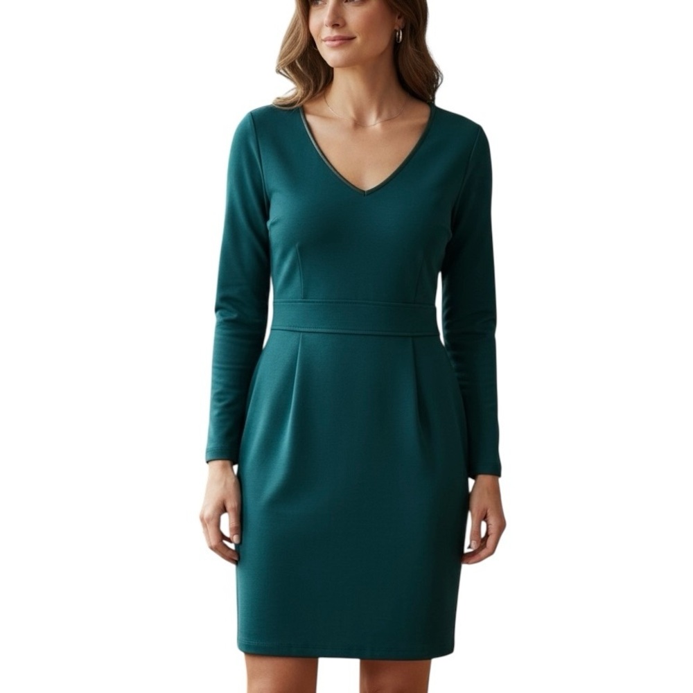 Lark & Ro Teal Knit Fitted Midi Sheath Dress with Long Sleeves - Size 10
